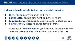 La France dans la mondialisation : entre déni et conquête 
 Olivier Ginon, président de GL Events 
 Enrico Letta, ancien...