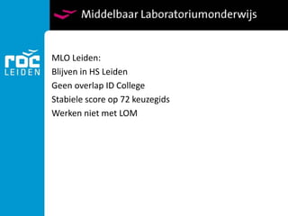 MLO Leiden:
Blijven in HS Leiden
Geen overlap ID College
Stabiele score op 72 keuzegids
Werken niet met LOM
 