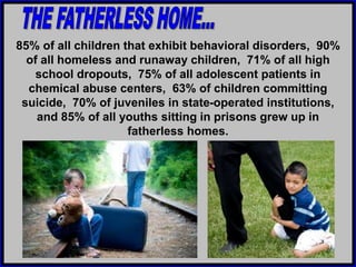 85% of all children that exhibit behavioral disorders, 90%
of all homeless and runaway children, 71% of all high
school dropouts, 75% of all adolescent patients in
chemical abuse centers, 63% of children committing
suicide, 70% of juveniles in state-operated institutions,
and 85% of all youths sitting in prisons grew up in
fatherless homes.
 