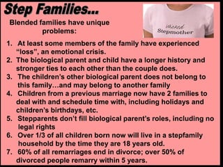 1. At least some members of the family have experienced
“loss”, an emotional crisis.
2. The biological parent and child have a longer history and
stronger ties to each other than the couple does.
3. The children’s other biological parent does not belong to
this family…and may belong to another family
4. Children from a previous marriage now have 2 families to
deal with and schedule time with, including holidays and
children’s birthdays, etc.
5. Stepparents don’t fill biological parent’s roles, including no
legal rights
6. Over 1/3 of all children born now will live in a stepfamily
household by the time they are 18 years old.
7. 60% of all remarriages end in divorce; over 50% of
divorced people remarry within 5 years.
Blended families have unique
problems:
 