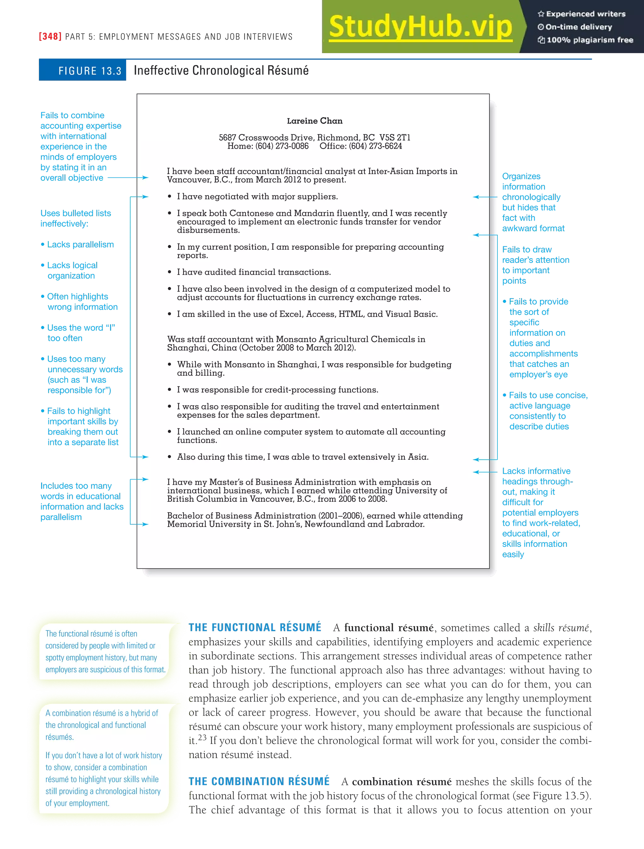 [348] PART 5: EMPLOYMENT MESSAGES AND JOB INTERVIEWS
THE FUNCTIONAL RÉSUMÉ A functional résumé, sometimes called a skills résumé,
emphasizes your skills and capabilities, identifying employers and academic experience
in subordinate sections. This arrangement stresses individual areas of competence rather
than job history. The functional approach also has three advantages: without having to
read through job descriptions, employers can see what you can do for them, you can
emphasize earlier job experience, and you can de-emphasize any lengthy unemployment
or lack of career progress. However, you should be aware that because the functional
résumé can obscure your work history, many employment professionals are suspicious of
it.23 If you don’t believe the chronological format will work for you, consider the combi-
nation résumé instead.
THE COMBINATION RÉSUMÉ A combination résumé meshes the skills focus of the
functional format with the job history focus of the chronological format (see Figure 13.5).
The chief advantage of this format is that it allows you to focus attention on your
The functional résumé is often
considered by people with limited or
spotty employment history, but many
employers are suspicious of this format.
Lareine Chan
5687 Crosswoods Drive, Richmond, BC V5S 2T1
Home: (604) 273-0086 Office: (604) 273-6624
I have been staff accountant/financial analyst at Inter-Asian Imports in
Vancouver, B.C., from March 2012 to present.
• I have negotiated with major suppliers.
• I speak both Cantonese and Mandarin fluently, and I was recently
encouraged to implement an electronic funds transfer for vendor
disbursements.
• In my current position, I am responsible for preparing accounting
reports.
• I have audited financial transactions.
• I have also been involved in the design of a computerized model to
adjust accounts for fluctuations in currency exchange rates.
• I am skilled in the use of Excel, Access, HTML, and Visual Basic.
Was staff accountant with Monsanto Agricultural Chemicals in
Shanghai, China (October 2008 to March 2012).
• While with Monsanto in Shanghai, I was responsible for budgeting
and billing.
• I was responsible for credit-processing functions.
• I was also responsible for auditing the travel and entertainment
expenses for the sales department.
• I launched an online computer system to automate all accounting
functions.
• Also during this time, I was able to travel extensively in Asia.
I have my Master’s of Business Administration with emphasis on
international business, which I earned while attending University of
British Columbia in Vancouver, B.C., from 2006 to 2008.
Bachelor of Business Administration (2001–2006), earned while attending
Memorial University in St. John’s, Newfoundland and Labrador.
Organizes
information
chronologically
but hides that
fact with
awkward format
Fails to combine
accounting expertise
with international
experience in the
minds of employers
by stating it in an
overall objective
Uses bulleted lists
ineffectively:
• Lacks parallelism
• Lacks logical
organization
• Often highlights
wrong information
• Uses the word “I”
too often
• Uses too many
unnecessary words
(such as “I was
responsible for”)
• Fails to highlight
important skills by
breaking them out
into a separate list
Includes too many
words in educational
information and lacks
parallelism
Lacks informative
headings through-
out, making it
difficult for
potential employers
to find work-related,
educational, or
skills information
easily
Fails to draw
reader’s attention
to important
points
• Fails to provide
the sort of
specific
information on
duties and
accomplishments
that catches an
employer’s eye
• Fails to use concise,
active language
consistently to
describe duties
Ineffective Chronological Résumé
FIGURE 13.3
A combination résumé is a hybrid of
the chronological and functional
résumés.
If you don’t have a lot of work history
to show, consider a combination
résumé to highlight your skills while
still providing a chronological history
of your employment.
 