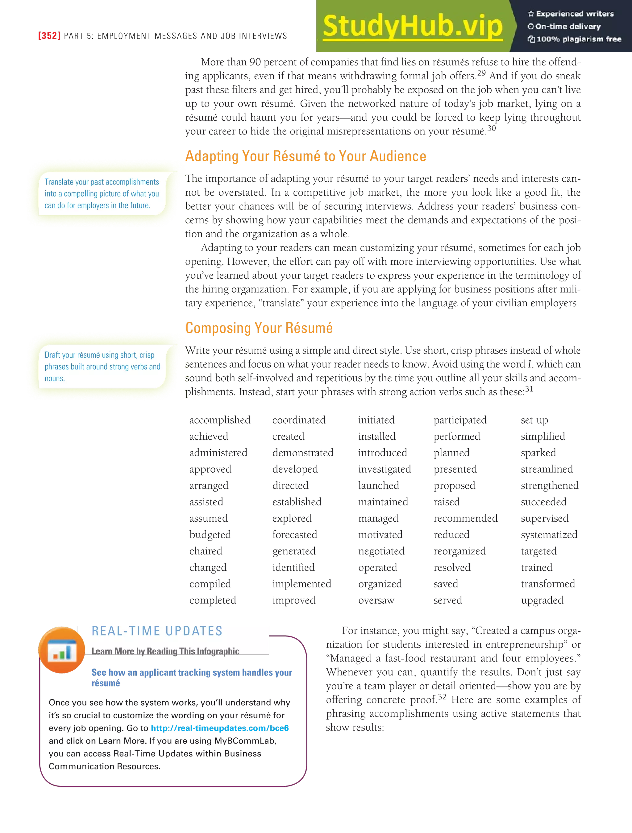 [352] PART 5: EMPLOYMENT MESSAGES AND JOB INTERVIEWS
More than 90 percent of companies that find lies on résumés refuse to hire the offend-
ing applicants, even if that means withdrawing formal job offers.29 And if you do sneak
past these filters and get hired, you’ll probably be exposed on the job when you can’t live
up to your own résumé. Given the networked nature of today’s job market, lying on a
résumé could haunt you for years—and you could be forced to keep lying throughout
your career to hide the original misrepresentations on your résumé.30
Adapting Your Résumé to Your Audience
The importance of adapting your résumé to your target readers’ needs and interests can-
not be overstated. In a competitive job market, the more you look like a good fit, the
better your chances will be of securing interviews. Address your readers’ business con-
cerns by showing how your capabilities meet the demands and expectations of the posi-
tion and the organization as a whole.
Adapting to your readers can mean customizing your résumé, sometimes for each job
opening. However, the effort can pay off with more interviewing opportunities. Use what
you’ve learned about your target readers to express your experience in the terminology of
the hiring organization. For example, if you are applying for business positions after mili-
tary experience, “translate” your experience into the language of your civilian employers.
Composing Your Résumé
Write your résumé using a simple and direct style. Use short, crisp phrases instead of whole
sentences and focus on what your reader needs to know. Avoid using the word I, which can
sound both self-involved and repetitious by the time you outline all your skills and accom-
plishments. Instead, start your phrases with strong action verbs such as these:31
Translate your past accomplishments
into a compelling picture of what you
can do for employers in the future.
Draft your résumé using short, crisp
phrases built around strong verbs and
nouns.
accomplished coordinated initiated participated set up
achieved created installed performed simplified
administered demonstrated introduced planned sparked
approved developed investigated presented streamlined
arranged directed launched proposed strengthened
assisted established maintained raised succeeded
assumed explored managed recommended supervised
budgeted forecasted motivated reduced systematized
chaired generated negotiated reorganized targeted
changed identified operated resolved trained
compiled implemented organized saved transformed
completed improved oversaw served upgraded
For instance, you might say, “Created a campus orga-
nization for students interested in entrepreneurship” or
“Managed a fast-food restaurant and four employees.”
Whenever you can, quantify the results. Don’t just say
you’re a team player or detail oriented—show you are by
offering concrete proof.32 Here are some examples of
phrasing accomplishments using active statements that
show results:
See how an applicant tracking system handles your
résumé
Once you see how the system works, you’ll understand why
it’s so crucial to customize the wording on your résumé for
every job opening. Go to http://real-timeupdates.com/bce6
and click on Learn More. If you are using MyBCommLab,
you can access Real-Time Updates within Business
Communication Resources.
REAL-TIME UPDATES
Learn More by Reading This Infographic
 