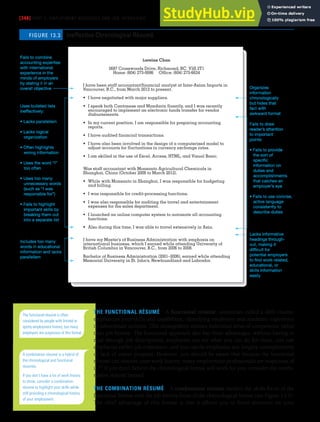 [348] PART 5: EMPLOYMENT MESSAGES AND JOB INTERVIEWS
THE FUNCTIONAL RÉSUMÉ A functional résumé, sometimes called a skills résumé,
emphasizes your skills and capabilities, identifying employers and academic experience
in subordinate sections. This arrangement stresses individual areas of competence rather
than job history. The functional approach also has three advantages: without having to
read through job descriptions, employers can see what you can do for them, you can
emphasize earlier job experience, and you can de-emphasize any lengthy unemployment
or lack of career progress. However, you should be aware that because the functional
résumé can obscure your work history, many employment professionals are suspicious of
it.23 If you don’t believe the chronological format will work for you, consider the combi-
nation résumé instead.
THE COMBINATION RÉSUMÉ A combination résumé meshes the skills focus of the
functional format with the job history focus of the chronological format (see Figure 13.5).
The chief advantage of this format is that it allows you to focus attention on your
The functional résumé is often
considered by people with limited or
spotty employment history, but many
employers are suspicious of this format.
Lareine Chan
5687 Crosswoods Drive, Richmond, BC V5S 2T1
Home: (604) 273-0086 Office: (604) 273-6624
I have been staff accountant/financial analyst at Inter-Asian Imports in
Vancouver, B.C., from March 2012 to present.
• I have negotiated with major suppliers.
• I speak both Cantonese and Mandarin fluently, and I was recently
encouraged to implement an electronic funds transfer for vendor
disbursements.
• In my current position, I am responsible for preparing accounting
reports.
• I have audited financial transactions.
• I have also been involved in the design of a computerized model to
adjust accounts for fluctuations in currency exchange rates.
• I am skilled in the use of Excel, Access, HTML, and Visual Basic.
Was staff accountant with Monsanto Agricultural Chemicals in
Shanghai, China (October 2008 to March 2012).
• While with Monsanto in Shanghai, I was responsible for budgeting
and billing.
• I was responsible for credit-processing functions.
• I was also responsible for auditing the travel and entertainment
expenses for the sales department.
• I launched an online computer system to automate all accounting
functions.
• Also during this time, I was able to travel extensively in Asia.
I have my Master’s of Business Administration with emphasis on
international business, which I earned while attending University of
British Columbia in Vancouver, B.C., from 2006 to 2008.
Bachelor of Business Administration (2001–2006), earned while attending
Memorial University in St. John’s, Newfoundland and Labrador.
Organizes
information
chronologically
but hides that
fact with
awkward format
Fails to combine
accounting expertise
with international
experience in the
minds of employers
by stating it in an
overall objective
Uses bulleted lists
ineffectively:
• Lacks parallelism
• Lacks logical
organization
• Often highlights
wrong information
• Uses the word “I”
too often
• Uses too many
unnecessary words
(such as “I was
responsible for”)
• Fails to highlight
important skills by
breaking them out
into a separate list
Includes too many
words in educational
information and lacks
parallelism
Lacks informative
headings through-
out, making it
difficult for
potential employers
to find work-related,
educational, or
skills information
easily
Fails to draw
reader’s attention
to important
points
• Fails to provide
the sort of
specific
information on
duties and
accomplishments
that catches an
employer’s eye
• Fails to use concise,
active language
consistently to
describe duties
Ineffective Chronological Résumé
FIGURE 13.3
A combination résumé is a hybrid of
the chronological and functional
résumés.
If you don’t have a lot of work history
to show, consider a combination
résumé to highlight your skills while
still providing a chronological history
of your employment.
 