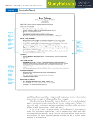 [350] PART 5: EMPLOYMENT MESSAGES AND JOB INTERVIEWS
capabilities when you don’t have a long or steady employment history, without raising
concerns that you might be hiding something about your past.
When Erica Vorkamp developed her résumé, she chose not to use a chronological
pattern, which would focus attention on her lack of recent work experience. As Figure 13.5
shows, she used a combination approach to emphasize her abilities, skills, and accom-
plishments while also including a complete job history.
As you look at a number of sample résumés, you’ll probably notice many variations
on the three basic formats presented here. Study these other options in light of the effec-
tive communication principles you’ve learned in this course and the unique circum-
stances of your job search. If you find one that seems like the best fit for your unique
situation, by all means use it.
Erica Vorkamp
993 Church Street, Mission, BC V5R 1P8
(604) 885-2153
evor@shaw.ca
OBJECTIVE To obtain a position as a special events coordinator
SKILLS AND CAPABILITIES
• Plan and coordinate large-scale public events
• Develop community support for concerts, festivals, and the arts
• Manage publicity for major events
• Coordinate activities of diverse community groups
• Establish and maintain financial controls for public events
• Negotiate contracts with performers, carpenters, electricians, and suppliers
SPECIAL EVENT EXPERIENCE
• Arranged 2015’s week-long Arts and Entertainment Festival for the Public Library,
involving performances by 25 musicians, dancers, actors, magicians, and artists
• Coordinated a 2014 Parent Association Carnival, an all-day festival with game booths,
live bands, contests, and food service that raised $7600 for a local school
• Organized the 2013 Western Convention for 800 members of the Canadian Figure Skating
Officials, which extended over a three-day period and required arrangements for hotels,
meals, speakers, and special tours
• Served as chairperson for the 2012 to 2014 Children’s Helpline Show, a luncheon for 450
that raised $5000–$6700 for children at risk
EDUCATION
• Diploma, Marketing Management, British Columbia Institute of Technology (Burnaby,
BC), 2013
EMPLOYMENT HISTORY
• ScotiaBank (Langley, BC), 2013–2016, Operations Processor; tracked cheques with a
lost/stolen status, contacted customers by phone, registered payment amounts, verified
receipt reports, researched cheque authenticity, managed orientation program for
entry-level trainees
• BCIT Marketing Department (Burnaby, BC), 2011–2013, part-time Administrative Assistant
ACTIVITIES & INTERESTS
• Volunteer, Mission Public Library (two years)—Prepared podcast
readings for CNIB
• Slow pitch softball—player on community team (three years)
• Fitness and yoga enthusiast
AWARDS & ACHIEVEMENTS
• BCIT Marketing Department Award for Best Proposal (2013)
• Second in BC Provincial Figure Skating Championships (2010)
• Employee of the Month, ScotiaBank (May 2015)
Includes
work history
(even though
it has little
bearing on
job target)
because
Vorkamp
believes
recruiters
want to
see evidence
that she’s
held a paying
position
Includes
event
attendance
statistics
and
fundraising
results to
quantify
accomplish-
ments
Relates all
capabilities
and
experience
to the
specific job
objective,
giving
a selective
picture of
the
candidate's
abilities
Combination Résumé
FIGURE 13.5
 