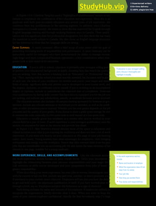 CHAPTER 13: BUILDING CAREERS AND WRITING RÉSUMÉS [355]
In Figure 13.6, Charlene Tang has used a “Highlights of Qualifications” section in her
résumé to emphasize the combination of her education and experience. Since she is an
applicant with both post-secondary education and several years of job experience, she
combines these key qualifications in the opening segment. In addition, since Charlene
immigrated to Canada recently, she wants to show she has improved her English through
English language training and through studying business once in Canada. These qualifi-
cations are less significant than her professional designation, but they show she has made
the transition to work culture in Canada. She also chose an English language instructor
for her reference to show that her language skills are strong.
Career Summary A career summary offers a brief recap of your career with the goal of
presenting increasing levels of responsibility and performance. A career summary can be
particularly useful for managers who have demonstrated the ability to manage increas-
ingly larger and more complicated business operations—a key consideration when com-
panies look to hire upper-level executives.
EDUCATION If you’re still in school, education is probably your strongest selling point,
so present your educational background in depth, choosing facts that match the position
you are seeking. Give this section a heading such as “Education” or “Professional Train-
ing.” Then, starting with the school you most recently attended, list the name and location
of each one, the term of your enrolment (in months and years), your major and minor
fields of study, significant skills and abilities you’ve developed in your course work, and
the degrees, diplomas, or certificates you’ve earned. If you’re working on an uncompleted
degree or diploma, include in parentheses the expected date of completion. Showcase
your qualifications by listing skills courses that have directly equipped you for the job you
are seeking, and indicate any scholarships, awards, or academic honours you’ve received.
The education section also includes off-campus training sponsored by business or gov-
ernment. Include any relevant seminars or workshops you’ve attended, as well as the certifi-
cates or other documents you’ve received. Whether you list your grades depends on the job
you want and the quality of your grades. If you choose to show a grade-point average, be sure
to mention the scale, especially if a five-point scale is used instead of a four-point scale.
Education is usually given less emphasis in a résumé after you’ve worked in your
chosen field for a year or more. If work experience is your strongest qualification, save the
section on education for later in the résumé and provide less detail.
In Figure 13.7, Alex Warren’s résumé devotes most of the space to education and
related activities since Alex is just entering the workforce and does not have a lot of work
experience. If you must rely mostly on your education at this stage in your job-hunting
career, don’t worry. Young workers have other advantages for employers, often bringing
enthusiasm and energy into the workplace. Notice that Alex conveys skills from his past
jobs that are transferable into an accounting job. He also keeps the main elements of his
résumé to one page, suitable for a young applicant.
WORK EXPERIENCE, SKILLS, AND ACCOMPLISHMENTS Like the education section,
the work-experience section focuses on your overall theme. Tailor your description to
highlight the relationship between your previous responsibilities and your target field.
Call attention to skills you’ve developed and your progression from jobs of lesser to
greater responsibility.
When describing your work experience, list your jobs in reverse chronological order,
with the current or last one first. Include any part-time, summer, or intern positions, even
if unrelated to your current career objective. Employers will see that you have the ability
to get and hold a job—an important qualification in itself. If you have worked your way
through school, say so. Employers interpret this behaviour as a sign of character.
Each listing includes the name and location of the employer. If readers are unlikely to
recognize the organization, briefly describe what it does. When you want to keep the
name of your current employer confidential, identify the firm by industry only (“a large
If education is your strongest selling
point, discuss it thoroughly and
highlight it visually.
In the work experience section,
include
• Name and location of employer
• What the organization does (if not
clear from its name)
• Your job title
• How long you worked there
• Your duties and responsibilities
 
