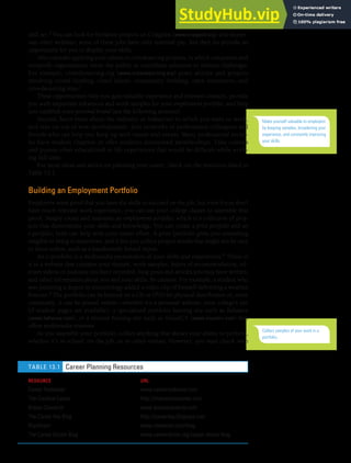 CHAPTER 13: BUILDING CAREERS AND WRITING RÉSUMÉS [339]
skill set.6 You can look for freelance projects on Craigslist (www.craigslist.org) and numer-
ous other websites; some of these jobs have only nominal pay, but they do provide an
opportunity for you to display your skills.
Also consider applying your talents to crowdsourcing projects, in which companies and
nonprofit organizations invite the public to contribute solutions to various challenges.
For example, crowdsourcing.org (www.crowdsourcing.org) posts articles and projects
involving crowd funding, cloud labour, community building, open innovation, and
crowdsourcing sites.7
These opportunities help you gain valuable experience and relevant contacts, provide
you with important references and work samples for your employment portfolio, and help
you establish your personal brand (see the following sections).
Second, learn more about the industry or industries in which you want to work,
and stay on top of new developments. Join networks of professional colleagues and
friends who can help you keep up with trends and events. Many professional societ-
ies have student chapters or offer students discounted memberships. Take courses
and pursue other educational or life experiences that would be difficult while work-
ing full time.
For more ideas and advice on planning your career, check out the resources listed in
Table 13.1.
Building an Employment Portfolio
Employers want proof that you have the skills to succeed on the job, but even if you don’t
have much relevant work experience, you can use your college classes to assemble that
proof. Simply create and maintain an employment portfolio, which is a collection of proj-
ects that demonstrate your skills and knowledge. You can create a print portfolio and an
e-portfolio; both can help with your career effort. A print portfolio gives you something
tangible to bring to interviews, and it lets you collect project results that might not be easy
to show online, such as a handsomely bound report.
An e-portfolio is a multimedia presentation of your skills and experiences.8 Think of
it as a website that contains your résumé, work samples, letters of recommendation, rel-
evant videos or podcasts you have recorded, blog posts and articles you may have written,
and other information about you and your skills. Be creative. For example, a student who
was pursuing a degree in meteorology added a video clip of himself delivering a weather
forecast.9 The portfolio can be burned on a CD or DVD for physical distribution or, more
commonly, it can be posted online—whether it’s a personal website, your college’s site
(if student pages are available), a specialized portfolio hosting site such as Behance
(www.behance.com), or a résumé hosting site such as VisualCV (www.visualcv.com) that
offers multimedia résumés.
As you assemble your portfolio, collect anything that shows your ability to perform,
whether it’s in school, on the job, or in other venues. However, you must check with
Make yourself valuable to employers
by keeping samples, broadening your
experience, and constantly improving
your skills.
Collect samples of your work in a
portfolio.
TABLE 13.1 Career Planning Resources
RESOURCE URL
Career Rocketeer www.careerrocketeer.com
The Creative Career http://thecreativecareer.com
Brazen Careerist www.brazencareerist.com
The Career Key Blog http://careerkey.blogspot.com
RiseSmart www.risesmart.com/blog
The Career Doctor Blog www.careerdoctor.org/career-doctor-blog
 