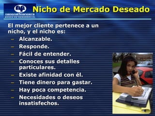 Nicho de Mercado Deseado
        Nicho de Mercado Deseado
El mejor cliente pertenece a un
nicho, y el nicho es:
 – Alcanzable.
 – Responde.
 – Fácil de entender.
 – Conoces sus detalles
    particulares.
 – Existe afinidad con él.
 – Tiene dinero para gastar.
 – Hay poca competencia.
 – Necesidades o deseos
    insatisfechos.
 
