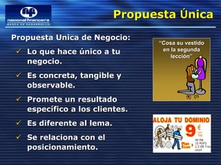 Propuesta Única
                           Propuesta Única
Propuesta Unica de Negocio:
                                 “Cosa su vestido
   Lo que hace único a tu         en la segunda
                                     lección”
   negocio.
   Es concreta, tangible y
   observable.
   Promete un resultado
   específico a los clientes.
   Es diferente al lema.
   Se relaciona con el
   posicionamiento.
 