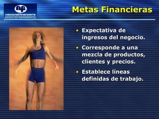 Metas Financieras
Metas Financieras

• Expectativa de
  ingresos del negocio.
• Corresponde a una
  mezcla de productos,
  clientes y precios.
• Establece líneas
  definidas de trabajo.
 