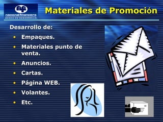 Materiales de Promoción
             Materiales de Promoción
Desarrollo de:
 • Empaques.
 • Materiales punto de
   venta.
 • Anuncios.
 • Cartas.
 • Página WEB.
 • Volantes.
 • Etc.
 