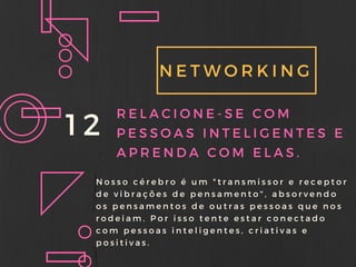 NETWORKING
12 RELACIONE- SE COM
PESSOAS INTELIGENTES E
APRENDA COM ELAS.
Nosso cérebro é um " transmissor e receptor
de vibrações de pensamento" , absorvendo
os pensamentos de outras pessoas que nos
rodeiam. Por isso tente estar conectado
com pessoas inteligentes, criativas e
positivas.
 
