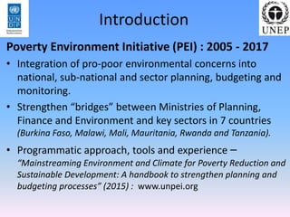 Introduction
Poverty Environment Initiative (PEI) : 2005 - 2017
• Integration of pro-poor environmental concerns into
nati...
