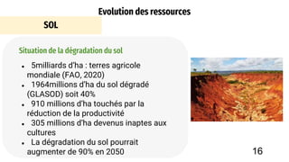 Evolution des ressources
SOL
● 5milliards d’ha : terres agricole
mondiale (FAO, 2020)
● 1964millions d’ha du sol dégradé
(GLASOD) soit 40%
● 910 millions d’ha touchés par la
réduction de la productivité
● 305 millions d’ha devenus inaptes aux
cultures
● La dégradation du sol pourrait
augmenter de 90% en 2050
Situation de la dégradation du sol
16
 