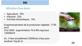 EAU
• Agriculture : 70%
• Industrie : 20%
• Activités domestiques : 10%
Evapotranspiration de la production végétale : 7130
km3
D’ici 2050 : augmentation 70 à 90% équivaut
12000km3
Ex : il faut actuellement 2500litres d’eau pour
produire 1kg de riz
Utilisation d’eau douce
20
 
