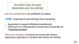 Accroître l’eau de pluie
disponible pour les plantes
Eau de ruissellement: non profitable à la plante
Augmenter le pourcentage d’eau transpirée
• Augmenter le rapport infiltration/ruissellement
• Diminuant le % d’évaporation directe dans l’ensemble de
l’évapotranspiration
Démarche pratique: couverture du sol par des résidus
organiques (apportés ou résultant des résidus de récolte).
31
 