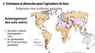 2. Techniques et démarches pour l’agriculture du futur
Extension des surfaces agricoles
Aménagement
des sols salins
 Sol salin= sodium
échangeable >
15%
 Ils représentent
8,7% de la surface
planétaire.
34
 