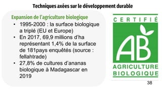 Techniques axées sur le développement durable
• 1995-2000 : la surface biologique
a triplé (EU et Europe)
• En 2017, 69,9 millions d’ha
représentant 1,4% de la surface
de 181pays enquêtés (source :
fellahtrade)
• 27,8% de cultures d’ananas
biologique à Madagascar en
2019
Expansion de l’agriculture biologique
38
 
