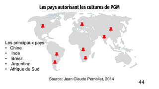 Les pays autorisant les cultures de PGM
Source: Jean Claude Pernollet, 2014
Les principaux pays:
• Chine
• Inde
• Brésil
• Argentine
• Afrique du Sud
44
 