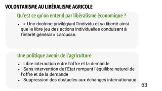 VOLONTARISME AU LIBÉRALISME AGRICOLE
● « Une doctrine privilégiant l’individu et sa liberté ainsi
que le libre jeu des actions individuelles conduisant à
l’intérêt général » Larousse.
Qu’est ce qu’on entend par libéralisme économique ?
● Libre interaction entre l’offre et la demande
● Sans intervention de l’Etat rompant l’équilibre naturel de
l’offre et de la demande
● Suppression des obstacles aux échanges internationaux
Une politique avenir de l’agriculture
53
 