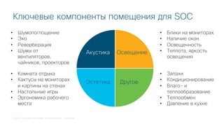 © 2018 Cisco and/or its affiliates. All rights reserved. Cisco Public
Ключевые компоненты помещения для SOC
ОсвещениеАкустика
ДругоеЭстетика
• Шумопоглощение
• Эхо
• Реверберация
• Шумы от
вентиляторов,
чайников, проекторов
• Комната отдыха
• Кактусы на мониторах
и картины на стенах
• Настольные игры
• Эргономика рабочего
места
• Запахи
• Кондиционирование
• Влаго- и
теплообразование
• Теплообмен
• Давление в кухне
• Блики на мониторах
• Наличие окон
• Освещенность
• Теплота, яркость
освещения
 