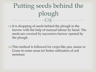 
Putting seeds behind the
plough
 It is dropping of seeds behind the plough in the
furrow with the help of manual labour by hand. The
seeds are covered by successive furrow opened by
the plough
 This method is followed for crops like pea, maize or
Gram in some areas for better utilization of soil
moisture
 
