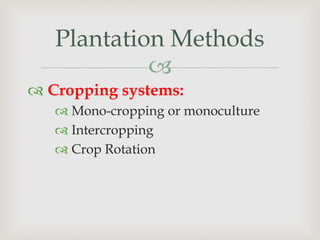 
Plantation Methods
 Cropping systems:
 Mono-cropping or monoculture
 Intercropping
 Crop Rotation
 