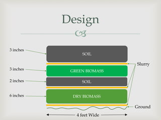 
Design
3 inches
3 inches
2 inches
6 inches DRY BIOMASS
SOIL
GREEN BIOMASS
SOIL
Ground
Slurry
4 feet Wide
 