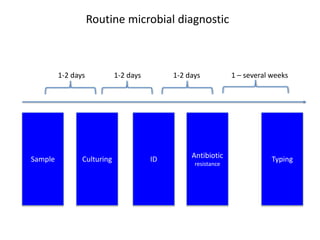 Sample Antibiotic
resistance
Culturing ID Typing
1-2 days 1-2 days 1-2 days 1 – several weeks
Routine microbial diagnostic
 