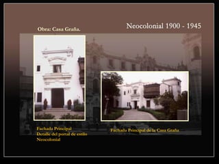 Fachada Principal
Detalle del portal de estilo
Neocolonial
Fachada Principal de la Casa Graña
Obra: Casa Graña.
 