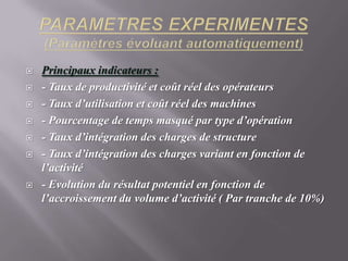 PARAMETRES EXPERIMENTES(Paramètres évoluant automatiquement)Principaux indicateurs :- Taux de productivité et coût réel des opérateurs - Taux d’utilisation et coût réel des machines- Pourcentage de temps masqué par type d’opération- Taux d’intégration des charges de structure - Taux d’intégration des charges variant en fonction de l’activité- Evolution du résultat potentiel en fonction de l’accroissement du volume d’activité ( Par tranche de 10%)
