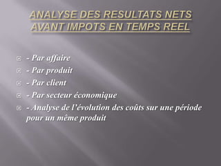 ANALYSE DES RESULTATS NETS AVANT IMPOTS EN TEMPS REEL- Par affaire - Par produit- Par client - Par secteur économique- Analyse de l’évolution des coûts sur une période pour un même produit
