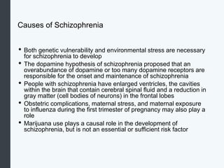 Causes of Schizophrenia
• Both genetic vulnerability and environmental stress are necessary
for schizophrenia to develop
• The dopamine hypothesis of schizophrenia proposed that an
overabundance of dopamine or too many dopamine receptors are
responsible for the onset and maintenance of schizophrenia
• People with schizophrenia have enlarged ventricles, the cavities
within the brain that contain cerebral spinal fluid and a reduction in
gray matter (cell bodies of neurons) in the frontal lobes
• Obstetric complications, maternal stress, and maternal exposure
to influenza during the first trimester of pregnancy may also play a
role
• Marijuana use plays a causal role in the development of
schizophrenia, but is not an essential or sufficient risk factor
 
