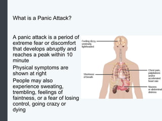 What is a Panic Attack?
A panic attack is a period of
extreme fear or discomfort
that develops abruptly and
reaches a peak within 10
minute
Physical symptoms are
shown at right
People may also
experience sweating,
trembling, feelings of
faintness, or a fear of losing
control, going crazy or
dying
 