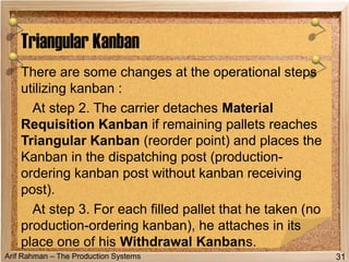Arif Rahman – The Production Systems
There are some changes at the operational steps
utilizing kanban :
At step 2. The carrier detaches Material
Requisition Kanban if remaining pallets reaches
Triangular Kanban (reorder point) and places the
Kanban in the dispatching post (production-
ordering kanban post without kanban receiving
post).
At step 3. For each filled pallet that he taken (no
production-ordering kanban), he attaches in its
place one of his Withdrawal Kanbans.
Triangular Kanban
31
 