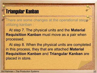 Arif Rahman – The Production Systems
There are some changes at the operational steps
utilizing kanban :
At step 7. The physical units and the Material
Requisition Kanban must move as a pair when
processed.
At step 8. When the physical units are completed
in this process, they that are attached Material
Requisition Kanban and Triangular Kanban are
placed in store.
Triangular Kanban
33
 