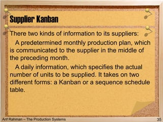 Arif Rahman – The Production Systems
There two kinds of information to its suppliers:
A predetermined monthly production plan, which
is communicated to the supplier in the middle of
the preceding month.
A daily information, which specifies the actual
number of units to be supplied. It takes on two
different forms: a Kanban or a sequence schedule
table.
Supplier Kanban
35
 