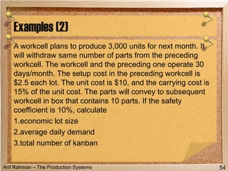 Arif Rahman – The Production Systems
A workcell plans to produce 3,000 units for next month. It
will withdraw same number of parts from the preceding
workcell. The workcell and the preceding one operate 30
days/month. The setup cost in the preceding workcell is
$2.5 each lot. The unit cost is $10, and the carrying cost is
15% of the unit cost. The parts will convey to subsequent
workcell in box that contains 10 parts. If the safety
coefficient is 10%, calculate
1.economic lot size
2.average daily demand
3.total number of kanban
Examples (2)
54
 