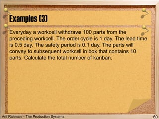 Arif Rahman – The Production Systems
Everyday a workcell withdraws 100 parts from the
preceding workcell. The order cycle is 1 day. The lead time
is 0.5 day. The safety period is 0.1 day. The parts will
convey to subsequent workcell in box that contains 10
parts. Calculate the total number of kanban.
Examples (3)
60
 