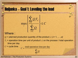 Arif Rahman – The Production Systems
Where :
Qi = planned production quantity of the product Ai (i= 1, ... ,α)
Til = operation time per unit of product Ai on the process l total operation
time per day
C = cycle time
Heijunka – Goal 1: Leveling the load
84
C
Q
TQ
i
i
i
ili
l
≤












∑
∑
=
=
α
α
1
1
max
∑=
= α
1
daypertimeoperationtotal
i
iQ
C
 