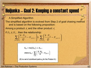 Arif Rahman – The Production Systems
A Simplified Algorithm
The simplified algorithm is evolved from Step 2 of goal chasing method
and is based on the following proposition:
Among a product Ab and the other product Ac
if Dk.b < Dk.c , then the relationship:
Heijunka – Goal 2: Keeping a constant speed
93
∑∑ ∈
−
∈
− 





−
⋅
≥





−
⋅
ccbb Bj
kjc
jc
Bj
kjb
jb
X
Q
Nk
X
Q
Nk
1,1,
 