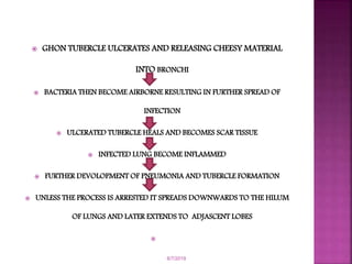  GHON TUBERCLE ULCERATES AND RELEASING CHEESY MATERIAL
INTO BRONCHI
 BACTERIA THEN BECOME AIRBORNE RESULTING IN FURTHER SPREAD OF
INFECTION
 ULCERATED TUBERCLE HEALS AND BECOMES SCAR TISSUE
 INFECTED LUNG BECOME INFLAMMED
 FURTHER DEVOLOPMENT OF PNEUMONIA AND TUBERCLE FORMATION
 UNLESS THE PROCESS IS ARRESTED IT SPREADS DOWNWARDS TO THE HILUM
OF LUNGS AND LATER EXTENDS TO ADJASCENT LOBES

6/7/2019
 