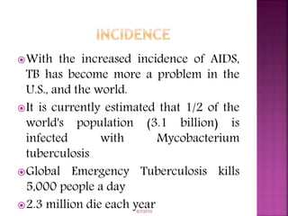 With the increased incidence of AIDS,
TB has become more a problem in the
U.S., and the world.
It is currently estimated that 1/2 of the
world's population (3.1 billion) is
infected with Mycobacterium
tuberculosis
Global Emergency Tuberculosis kills
5,000 people a day
2.3 million die each year6/7/2019
 