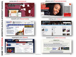 jumia.com (E-commerce)
9/3/2016 AFPIF16 29
gtbank.com (Financial services)
news24.com (News/media) iroking.com (Videos)
supersport.com (Sports) nairaland.com (Online Community)
SOMETOPREGIONALWEBSITES(ALEXA&AFRODIGITRANKING)
 