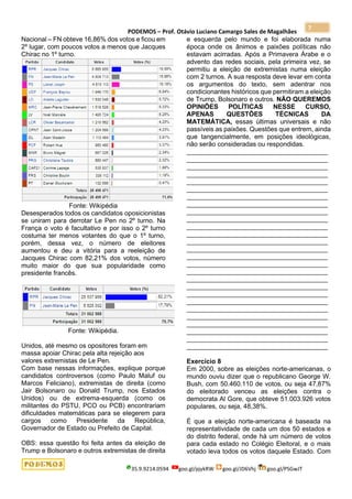 PODEMOS – Prof. Otávio Luciano Camargo Sales de Magalhães
35.9.9214.0594 goo.gl/pjykRW goo.gl/JD6Vhj goo.gl/PSGwJT
7
Nacional – FN obteve 16,86% dos votos e ficou em
2º lugar, com poucos votos a menos que Jacques
Chirac no 1º turno.
Fonte: Wikipédia
Desesperados todos os candidatos oposicionistas
se uniram para derrotar Le Pen no 2º turno. Na
França o voto é facultativo e por isso o 2º turno
costuma ter menos votantes do que o 1º turno,
porém, dessa vez, o número de eleitores
aumentou e deu a vitória para a reeleição de
Jacques Chirac com 82,21% dos votos, número
muito maior do que sua popularidade como
presidente francês.
Fonte: Wikipédia.
Unidos, até mesmo os opositores foram em
massa apoiar Chirac pela alta rejeição aos
valores extremistas de Le Pen.
Com base nessas informações, explique porque
candidatos controversos (como Paulo Maluf ou
Marcos Feliciano), extremistas de direita (como
Jair Bolsonaro ou Donald Trump, nos Estados
Unidos) ou de extrema-esquerda (como os
militantes do PSTU, PCO ou PCB) encontrariam
dificuldades matemáticas para se elegerem para
cargos como Presidente da República,
Governador de Estado ou Prefeito de Capital.
OBS: essa questão foi feita antes da eleição de
Trump e Bolsonaro e outros extremistas de direita
e esquerda pelo mundo e foi elaborada numa
época onde os ânimos e paixões políticas não
estavam acirradas. Após a Primavera Árabe e o
advento das redes sociais, pela primeira vez, se
permitiu a eleição de extremistas numa eleição
com 2 turnos. A sua resposta deve levar em conta
os argumentos do texto, sem adentrar nos
condicionantes históricos que permitiram a eleição
de Trump, Bolsonaro e outros. NÃO QUEREMOS
OPINIÕES POLÍTICAS NESSE CURSO,
APENAS QUESTÕES TÉCNICAS DA
MATEMÁTICA, essas últimas universais e não
passíveis as paixões. Questões que entrem, ainda
que tangencialmente, em posições ideológicas,
não serão consideradas ou respondidas.
_______________________________________
_______________________________________
_______________________________________
_______________________________________
_______________________________________
_______________________________________
_______________________________________
_______________________________________
_______________________________________
_______________________________________
_______________________________________
_______________________________________
_______________________________________
_______________________________________
_______________________________________
_______________________________________
_______________________________________
_______________________________________
_______________________________________
_______________________________________
_______________________________________
_______________________________________
_______________________________________
_______________________________________
_______________________________________
_______________________________________
_______________________________________
Exercício 8
Em 2000, sobre as eleições norte-americanas, o
mundo ouviu dizer que o republicano George W.
Bush, com 50.460.110 de votos, ou seja 47,87%
do eleitorado venceu as eleições contra o
democrata Al Gore, que obteve 51.003.926 votos
populares, ou seja, 48,38%.
É que a eleição norte-americana é baseada na
representatividade de cada um dos 50 estados e
do distrito federal, onde há um número de votos
para cada estado no Colégio Eleitoral, e o mais
votado leva todos os votos daquele Estado. Com
 