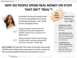 WHY DO PEOPLE SPEND REAL MONEY ON STUFF THAT ISN’T “REAL”? VIRTUAL GOODS INDUSTRY Proprietary & Confidential A $100 bottle of Diaka Vodka  which is colorless, flavorless, and made from $2 in grain A $97,500 Piaget watch  that contains a few ounces of precious metal and tells time (less accurately than your cell phone) A $100,000 piece of “virtual” real estate  that can be traded on a highly liquid market and generates a 20% annual return (2x most stocks)  POP REALITY QUIZ Which of the following is most “ real” ? A Stanford University research study has shown that people aren’t wired to distinguish between “real” world stimuli and digital stimuli:  Study participants showed the same tendency to smile back regardless of whether smiled at by a real person or a digital avatar. Study participants felt the same feelings of elation when receiving a physical gift and when receiving a “virtual” gift.  Can’t relate?  Put yourself in the shoes of someone who spends 20-50% of her waking hours immersed in an online community. How real and tangible would that community be to you?  