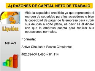 Mide la capacidad crediticia ya que representa el
margen de seguridad para los acreedores o bien
la capacidad de pagar de la empresa para cubrir
sus deudas a corto plazo, es decir es el dinero
con que la empresa cuenta para realizar sus
operaciones normales.
Formula:
Activo Circulante-Pasivo Circulante:
402,594-341,480 = 61,114
A) RAZONES DE CAPITAL NETO DE TRABAJOA) RAZONES DE CAPITAL NETO DE TRABAJO
NIF A-3
 