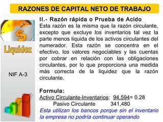 II.- Razón rápida o Prueba de Acido
Esta razón es la misma que la razón circulante,
excepto que excluye los inventarios tal vez la
parte menos liquida de los activos circulantes del
numerador. Esta razón se concentra en el
efectivo, los valores negociables y las cuentas
por cobrar en relación con las obligaciones
circulantes, por lo que proporciona una medida
más correcta de la liquidez que la razón
circulante.
Formula:
Activo Circulante-Inventarios: 94,594= 0.28
Pasivo Circulante 341,480
Esta utilizan los bancos porque sin el inventario
la empresa no podría continuar operando
RAZONES DE CAPITAL NETO DE TRABAJORAZONES DE CAPITAL NETO DE TRABAJO
NIF A-3
 