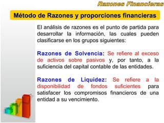El análisis de razones es el punto de partida para
desarrollar la información, las cuales pueden
clasificarse en los grupos siguientes:
Razones de Solvencia: Se refiere al exceso
de activos sobre pasivos y, por tanto, a la
suficiencia del capital contable de las entidades.
Razones de Liquidez: Se refiere a la
disponibilidad de fondos suficientes para
satisfacer los compromisos financieros de una
entidad a su vencimiento.
Método de Razones y proporciones financierasMétodo de Razones y proporciones financieras
 