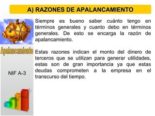 Siempre es bueno saber cuánto tengo en
términos generales y cuanto debo en términos
generales. De esto se encarga la razón de
apalancamiento.
Estas razones indican el monto del dinero de
terceros que se utilizan para generar utilidades,
estas son de gran importancia ya que estas
deudas comprometen a la empresa en el
transcurso del tiempo.
A) RAZONES DE APALANCAMIENTOA) RAZONES DE APALANCAMIENTO
NIF A-3
 