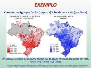 Consumo de Água per Capita (resposta) X Renda per capita (preditora)
CARMO, Roberto Luiz do; DAGNINO, Ricardo Sampaio; FEITOSA, Flávia da Fonseca; JOHANSEN, Igor Cavallini; CRAICE, Carla. População, Renda e Consumo
Urbano de Água no Brasil: Interfaces e Desafios. XX Simpósio Brasileiro de Recursos Hídricos. 17 a 22 de novembro de 2013. Bento Gonçalves, RS.
Distribuição espacial de consumo residencial de água e renda da população em 2010.
Fonte: SNIS (2010) e IBGE (2010).
EXEMPLO
 
